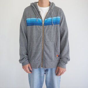 Aviator Nation Grey Cotton Zip Hoodie Blue Stripe Sporty Retro Nostalgic XL